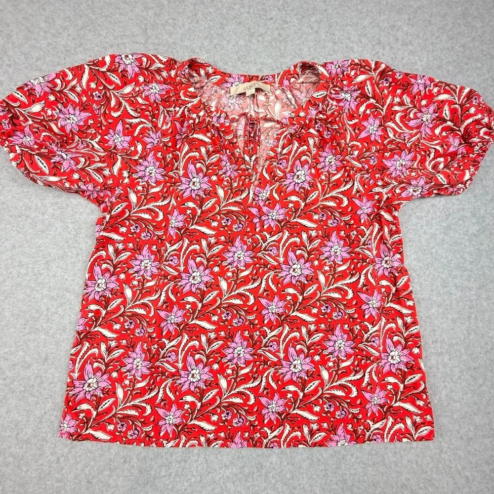 Loft Womens Red Pink Floral Puff Sleeve Tie Neck Blouse Size S Cotton Rayon